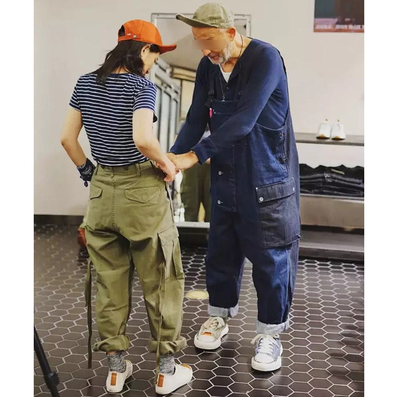 Men's Color Block Work Overalls with Multi-Pocket Suspenders