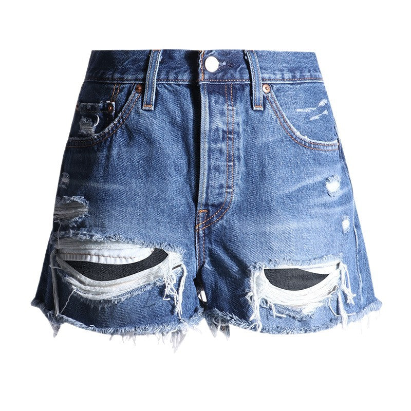 Retro Blue Distressed Frayed Denim Shorts for Women - Summer Loose A-Line Wide Leg Hot Pants