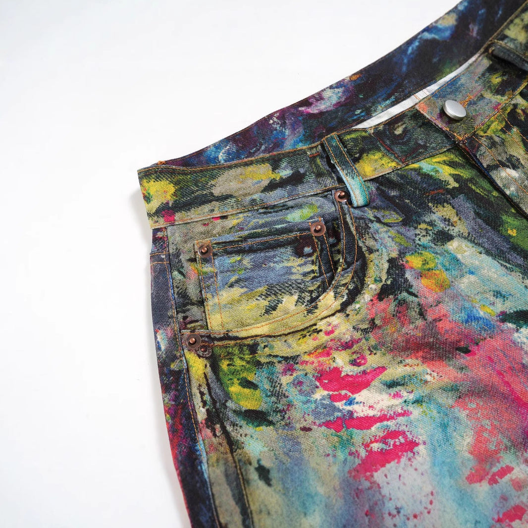 Retro Heavy-Work Visual Illusion Print Wide-Leg Jeans for Men and Women