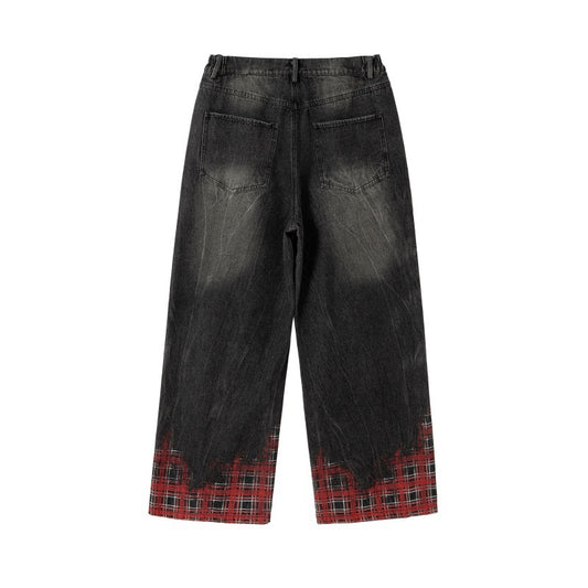Hanging Chain Plaid Printed Loose Washed Wide Leg Denim Pants