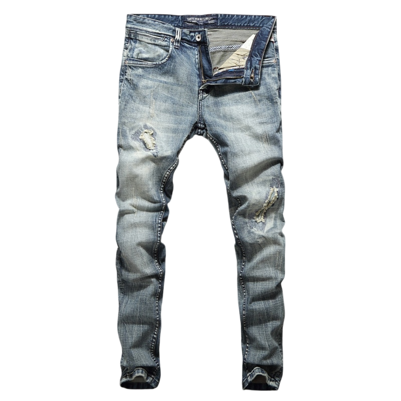 Japanese Designer Slim Fit Ripped Jeans for Men - High Quality Cotton
