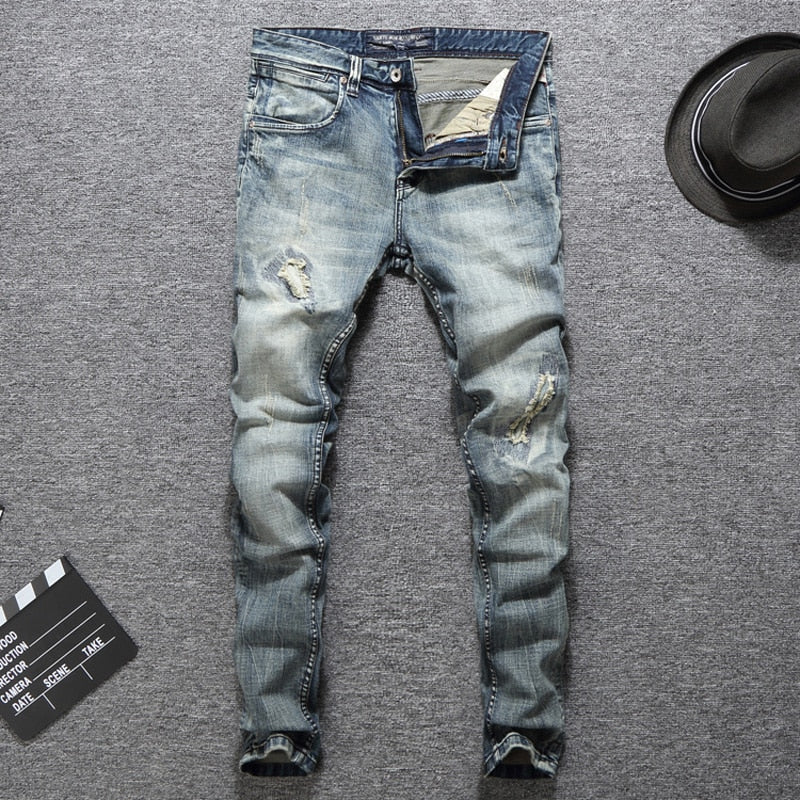 Italian Designer Slim Fit Ripped Jeans for Men - High Quality Cotton - Plus Size 29-38