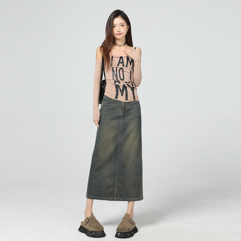 Women's Vintage Blue Slimming Denim Skirt with Slit Design