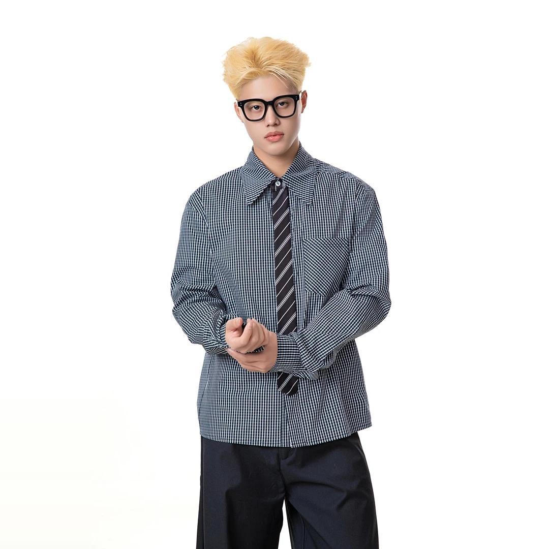 Fake Tie Splicing Design Checkered Shirt for Men and Women