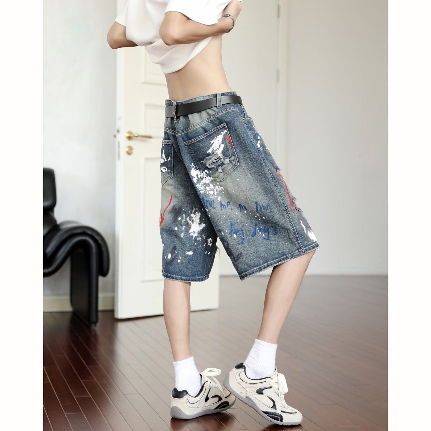 Graffiti Printed Denim Cropped Pants - Summer Loose Casual Mid Length