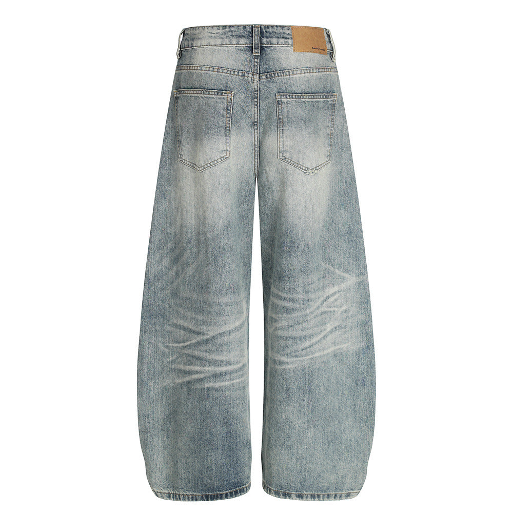 Men's Jeans, Faded Whiskered Straight Leg, Loose Fit Wide Leg Casual Pants