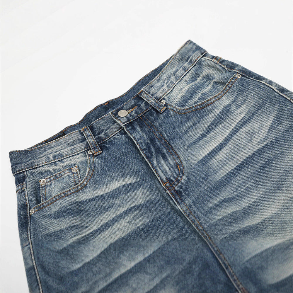 Vintage Men's Denim Jeans, Dye-Washed Faded Catwhisker Streetwear Style, Loose Fit, Versatile Casual Pants