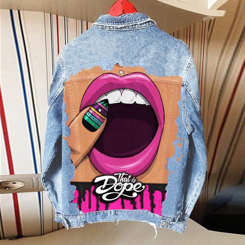 Women's  Denim Jacket with Lips Print