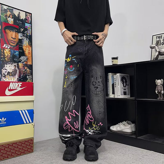 Graffiti Denim Casual Wide Leg Pants