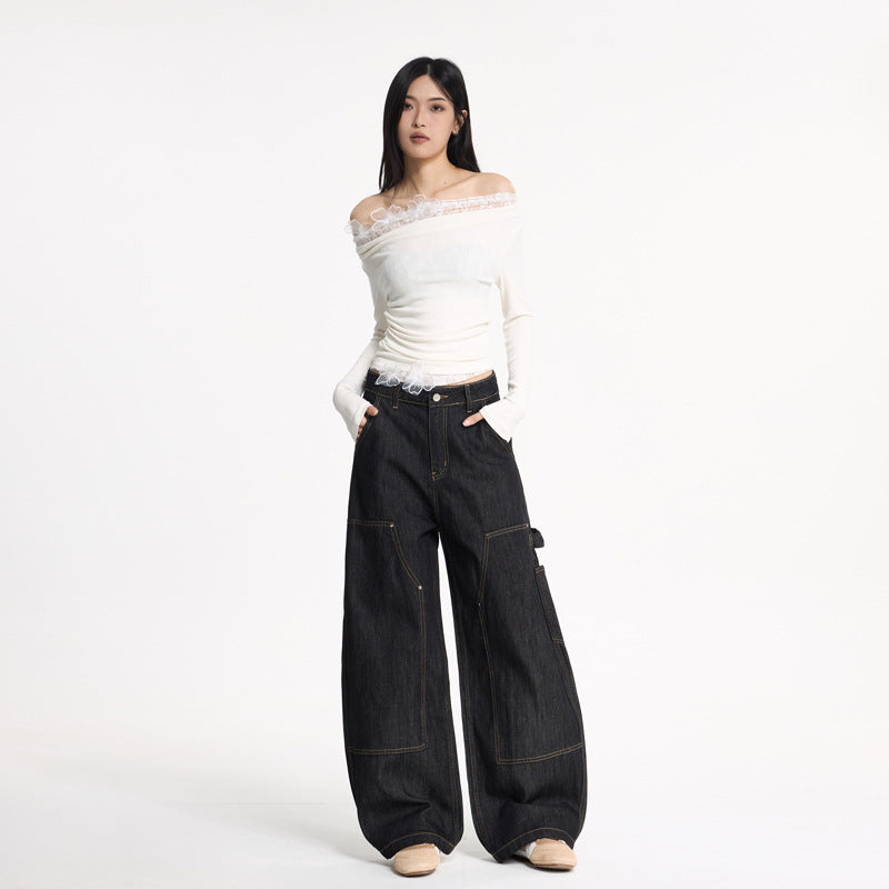 Women's Wide-Leg Original Black Denim Pants - Loose Casual Versatile Long Trousers