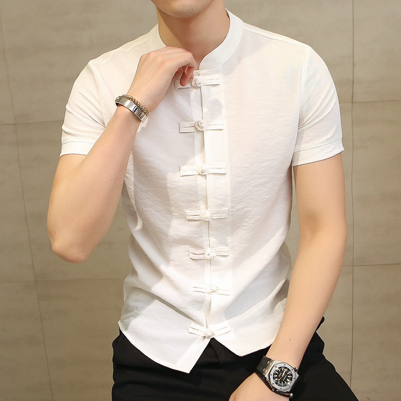 Men's Chinese Style Linen Slim Fit Casual Short Sleeve Shirt