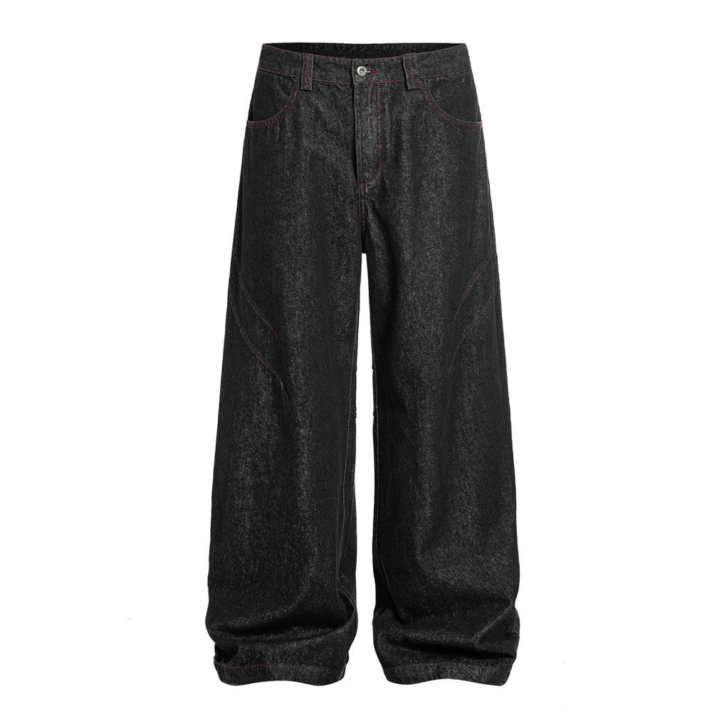 Retro High Street Loose Wide-Leg Denim Trousers with Pleated Stitching