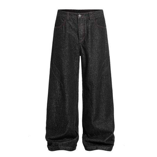 Retro High Street Loose Wide-Leg Denim Trousers with Pleated Stitching