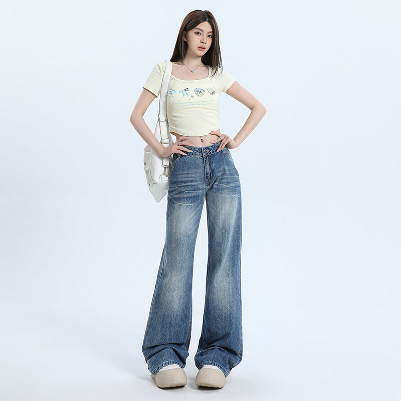 Women's Low Waist Flared Jeans with Cracked Design Long Pants