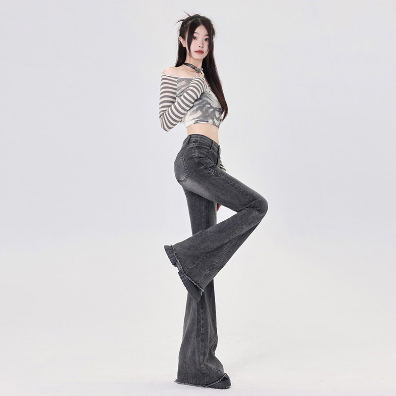 Women's Flared Denim Pants - Drape Slim Wide-Leg Floor-Length Trousers