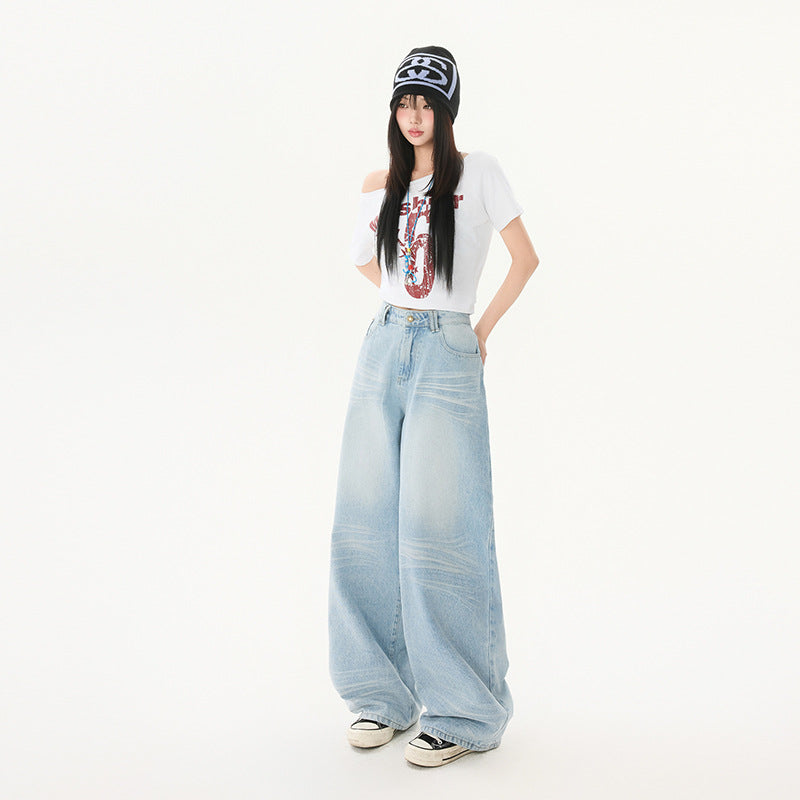 Washed Cat-Whisker Denim Pants for Women - Loose Drape Slimming Wide Leg