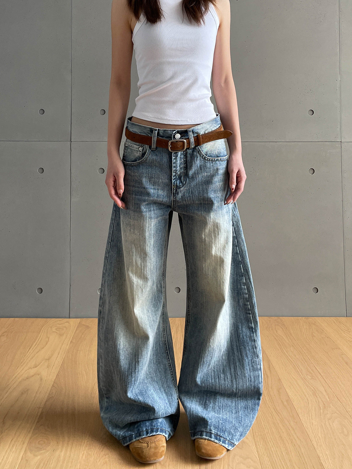 Bamboo Patterned Washed Light Blue Curved Knife Jeans