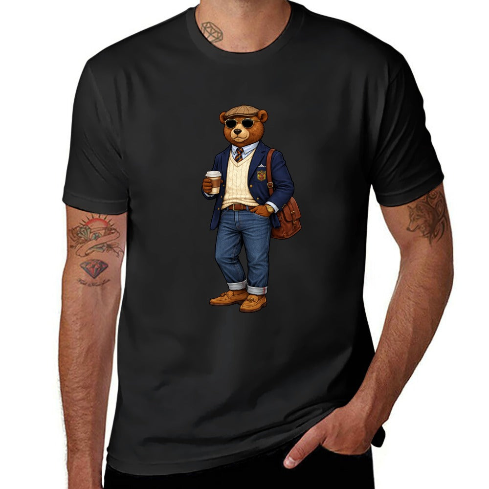 Men's Oxford Denim Bear Short Sleeve Cotton Tee Black