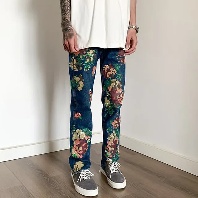 Hand-Painted Floral Graffiti Fringed Small Straight Leg Jeans for Men