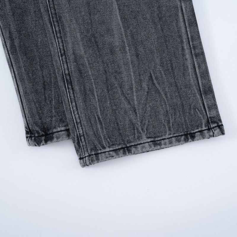 Vibe Retro Washed Vintage Lightning Pattern Denim Pants for Men