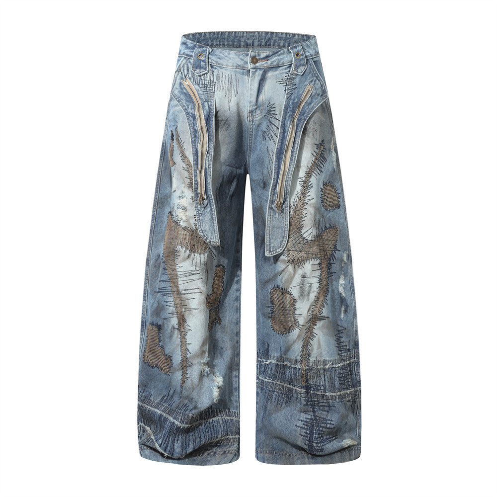 Men's Stylish Wide-Leg Denim Pants with Patchwork