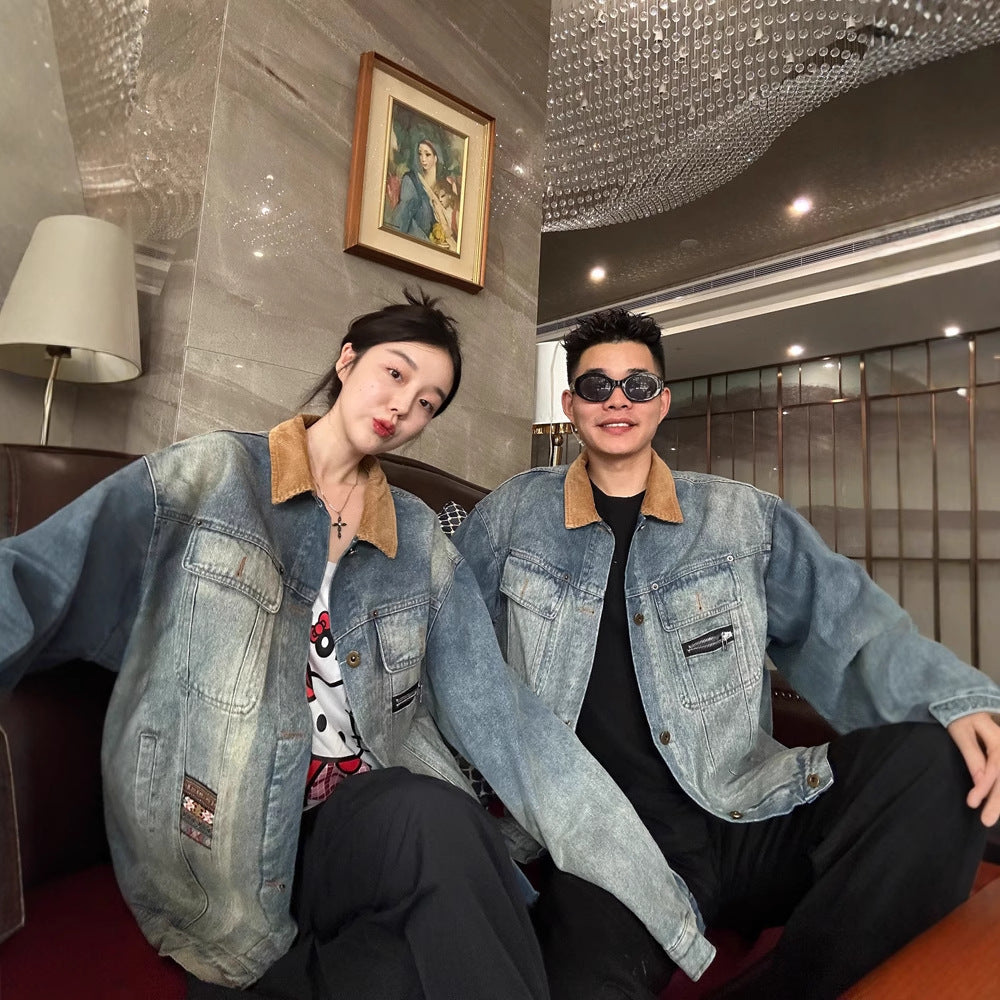 Casual Vintage Stitched Denim Jacket with Flip Collar for Men and Women