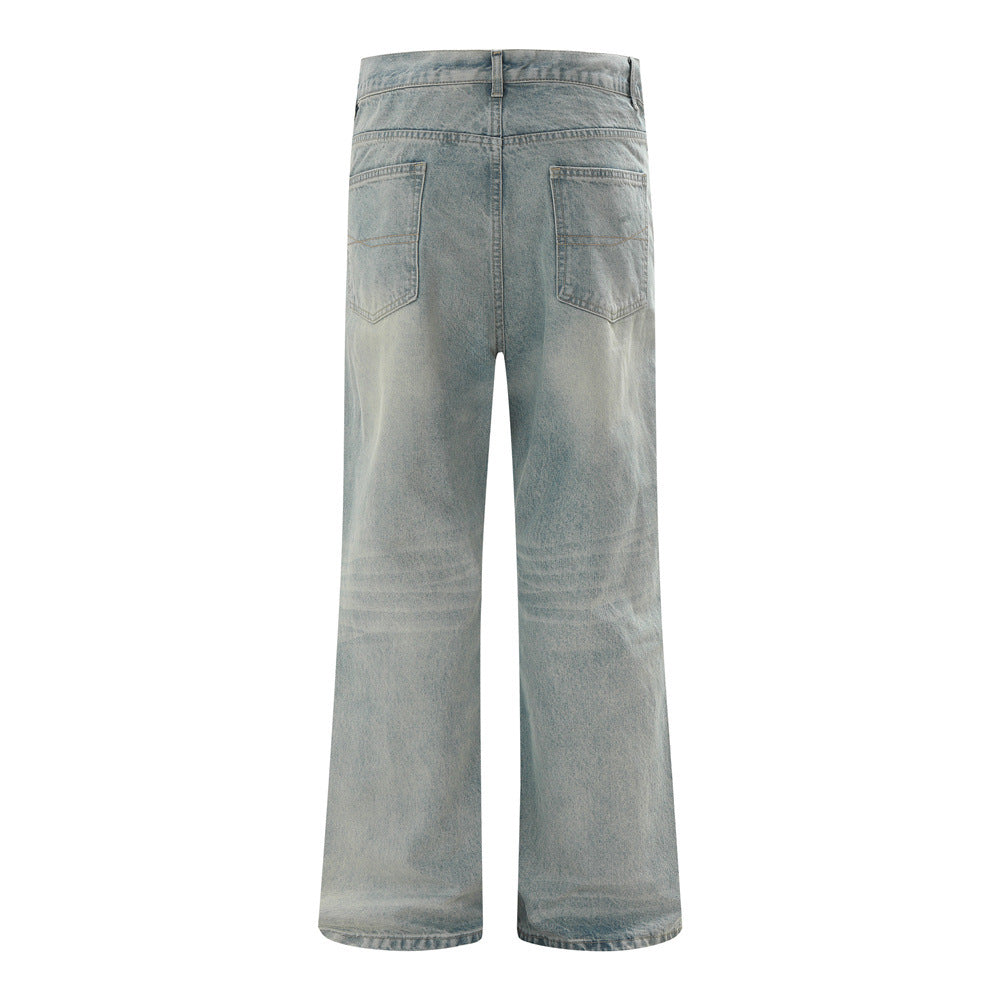 Vintage Men's Denim Jeans, Washed Bleached Straight Leg,  Brand Loose Fit, Versatile Casual Pants for Men