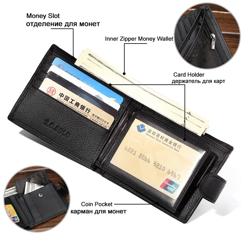 Men's Genuine Cow Leather Wallet with Coin Pocket - Premium Leather Money Bag