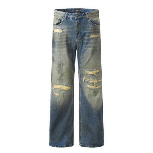 Vintage Blue Distressed Ripped Jeans Straight Fit Denim Pants
