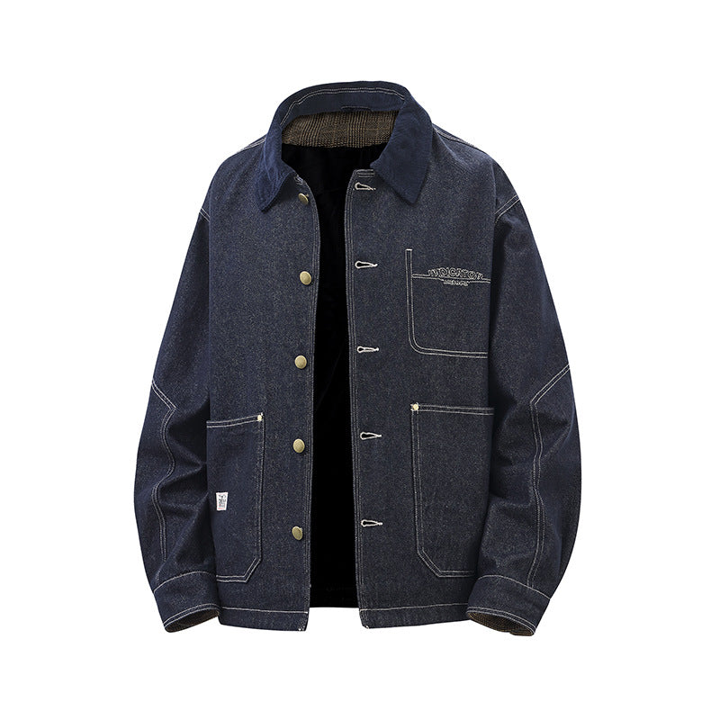 Color-Block Turn-Down Collar Multi-Pocket Loose-Fit Denim Jacket