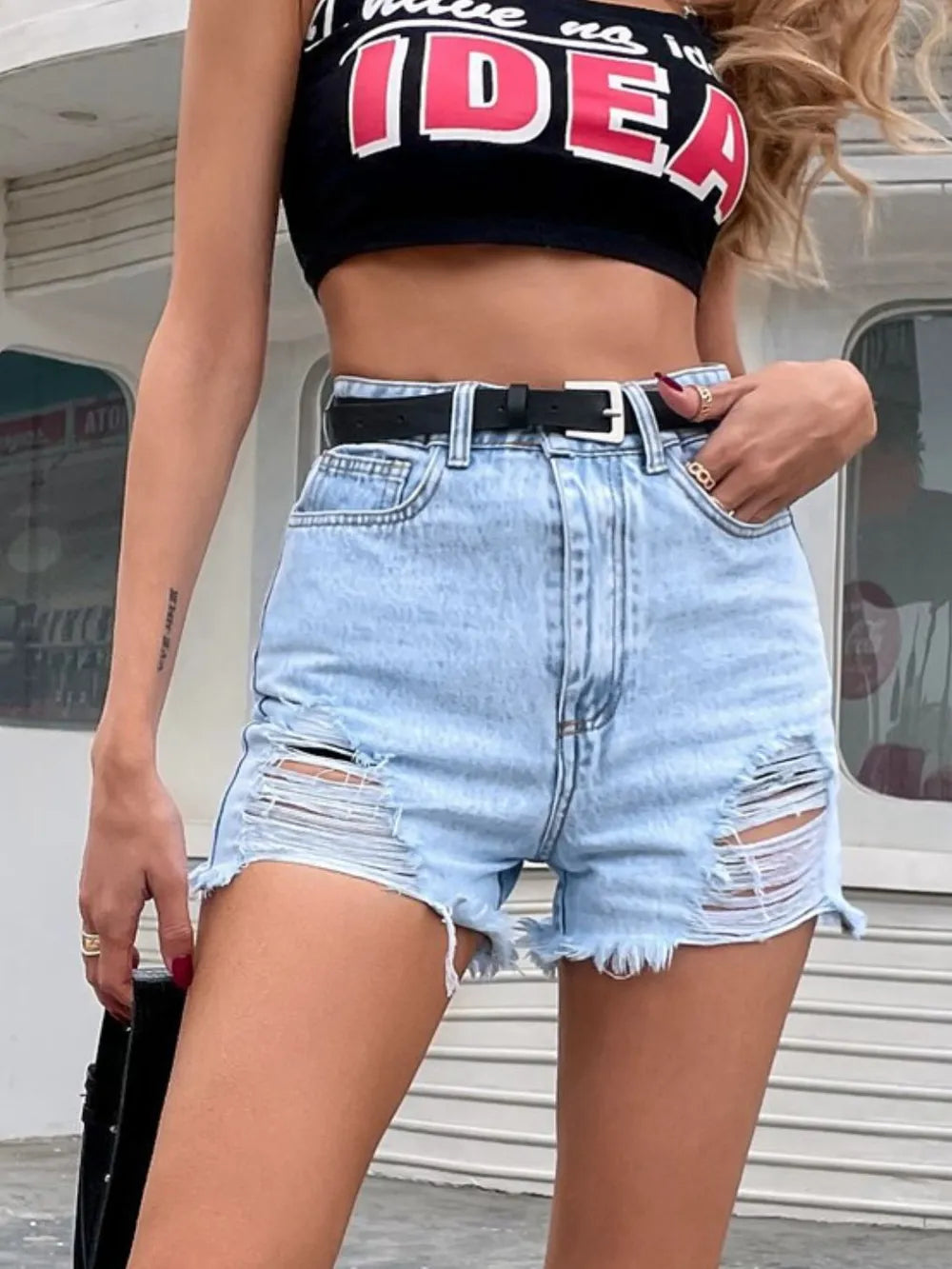Distressed Raw Hem Denim Shorts