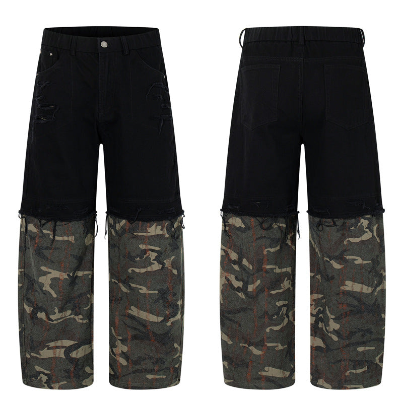 Trendy Street Style Ripped Patchwork Camouflage Cargo Pants