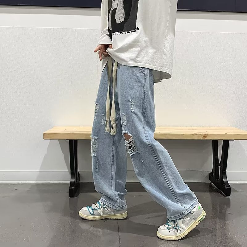 Men's Ripped Summer Jeans - Thin Fit Loose Straight Wide Leg