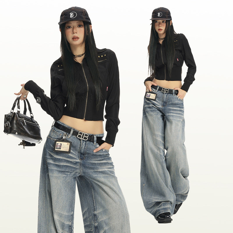 Women's Seamless High-Waist Denim Pants - Loose Fit Slimming Wide-Leg Trousers