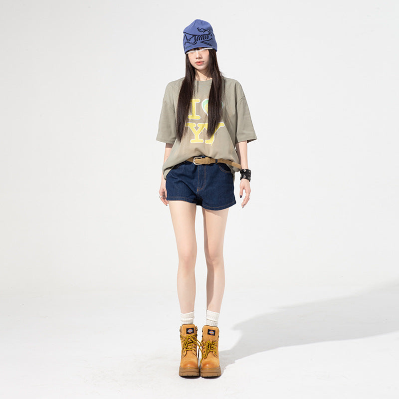 Retro Dark Blue Denim Shorts for Women - High Waist A-line Straight Leg Slim Hot Pants