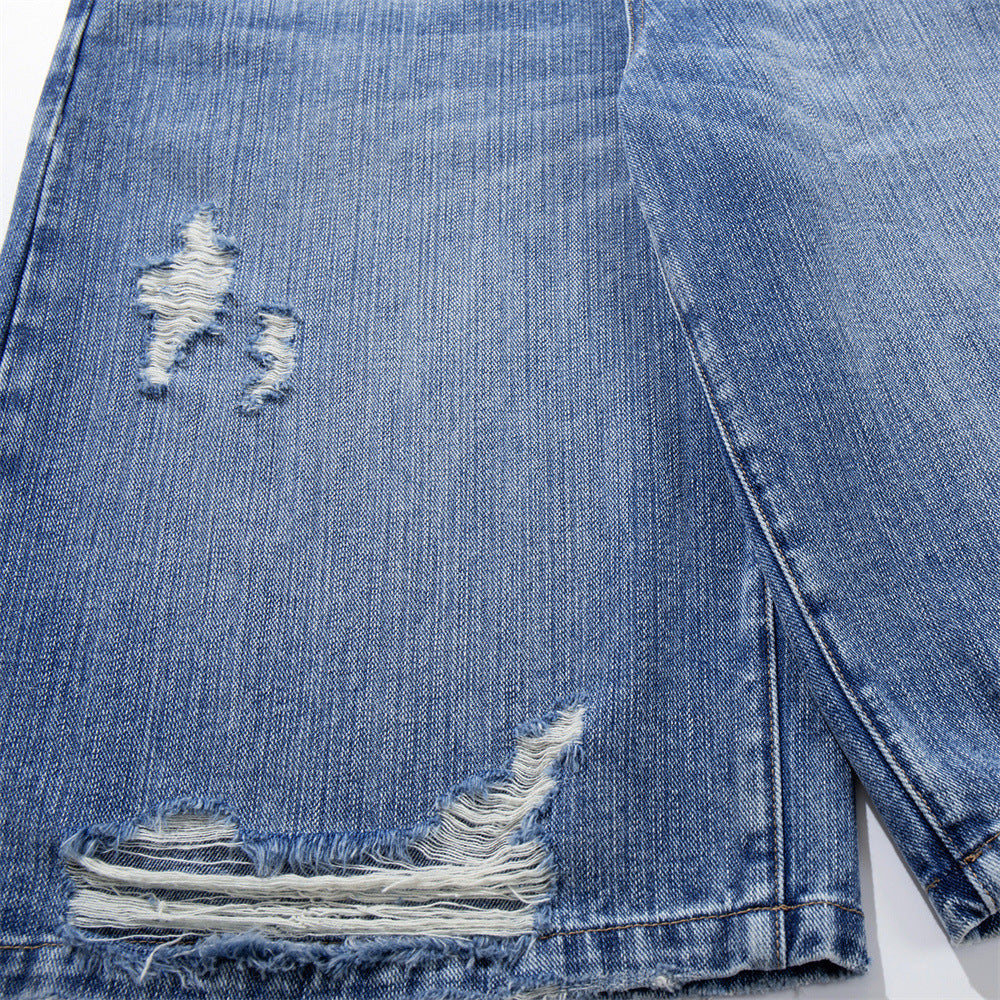 Ripped Blue Denim Shorts — Mid Rise Straight Fit for Casual Street Style