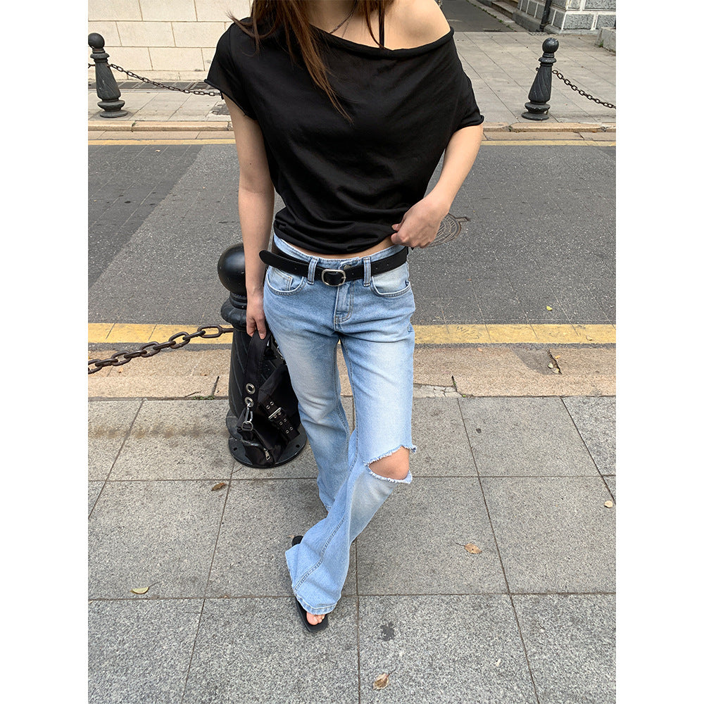 High Street Retro Distressed Denim Pants for Women with Micro-Elasticity and Slimming Effect - Straight Leg Jeans