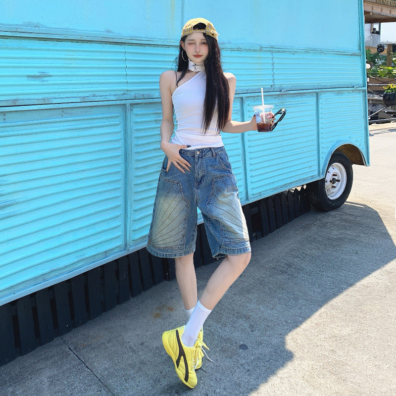 Loose Casual Multi Pocket Workwear Five Quarter Pants