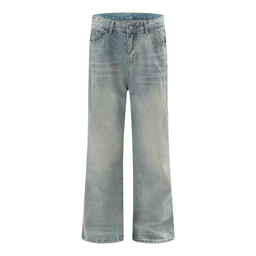 Vintage Men's Denim Jeans, Washed Bleached Straight Leg, Trendy Brand Loose Fit, Versatile Casual Pants for Men