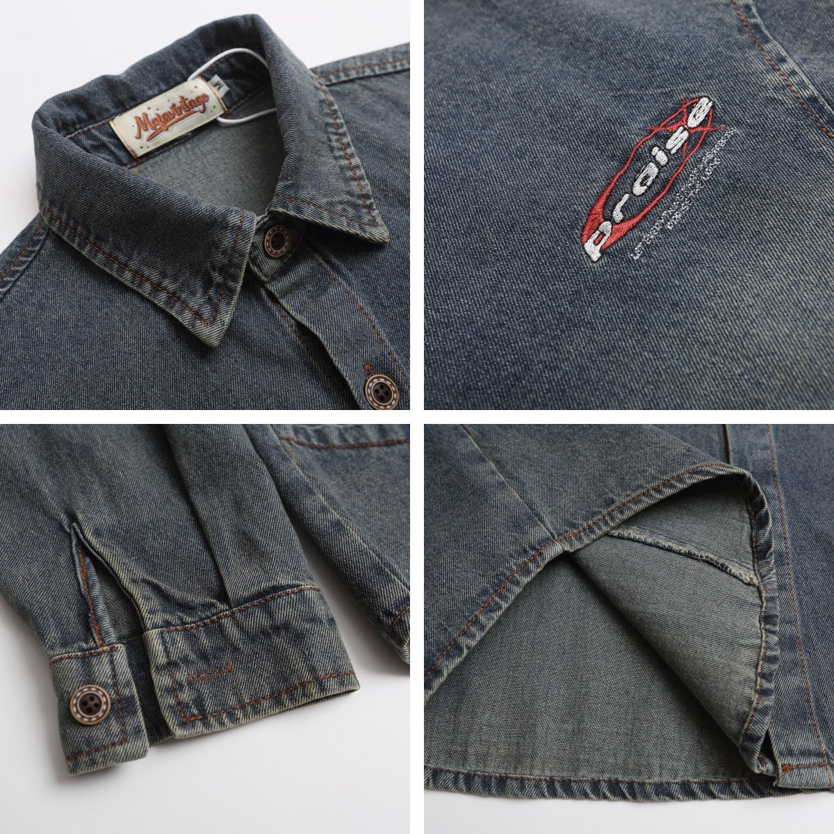 Washed Patchwork Denim Long Sleeve Shirt