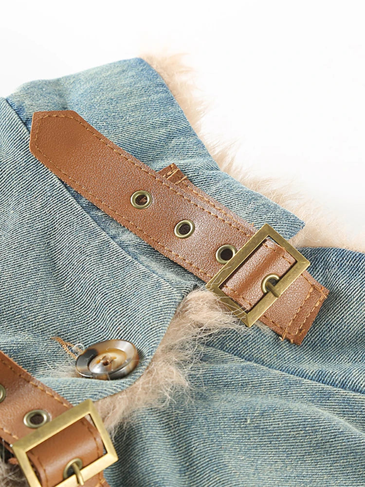 Women's Denim Coat with Stand Collar and Plush Cotton-Padded Lining