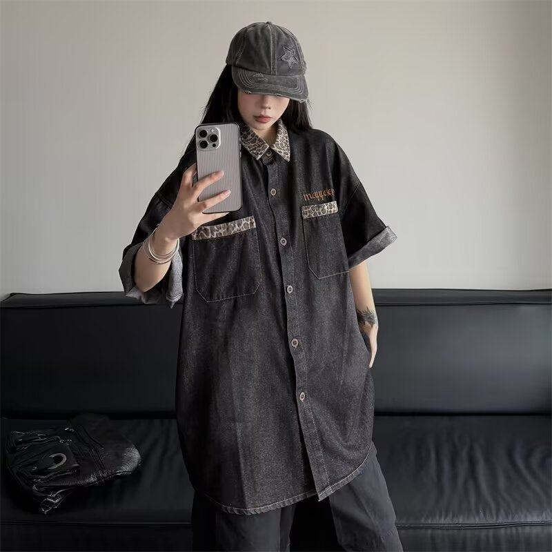 Women's Vintage Style Spliced Denim Short-Sleeve Shirt