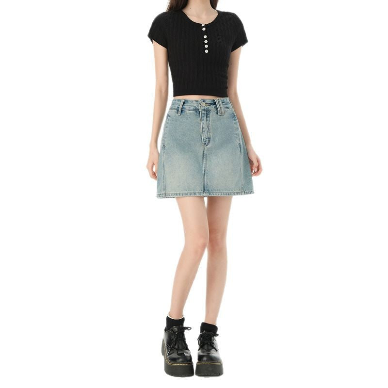 Light Color Denim Skirt for Women - High Waist Slim A-line Pencil Skirt