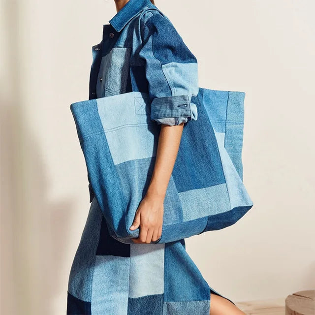 Women's Color-Blocked Denim Handbag - Large Tote