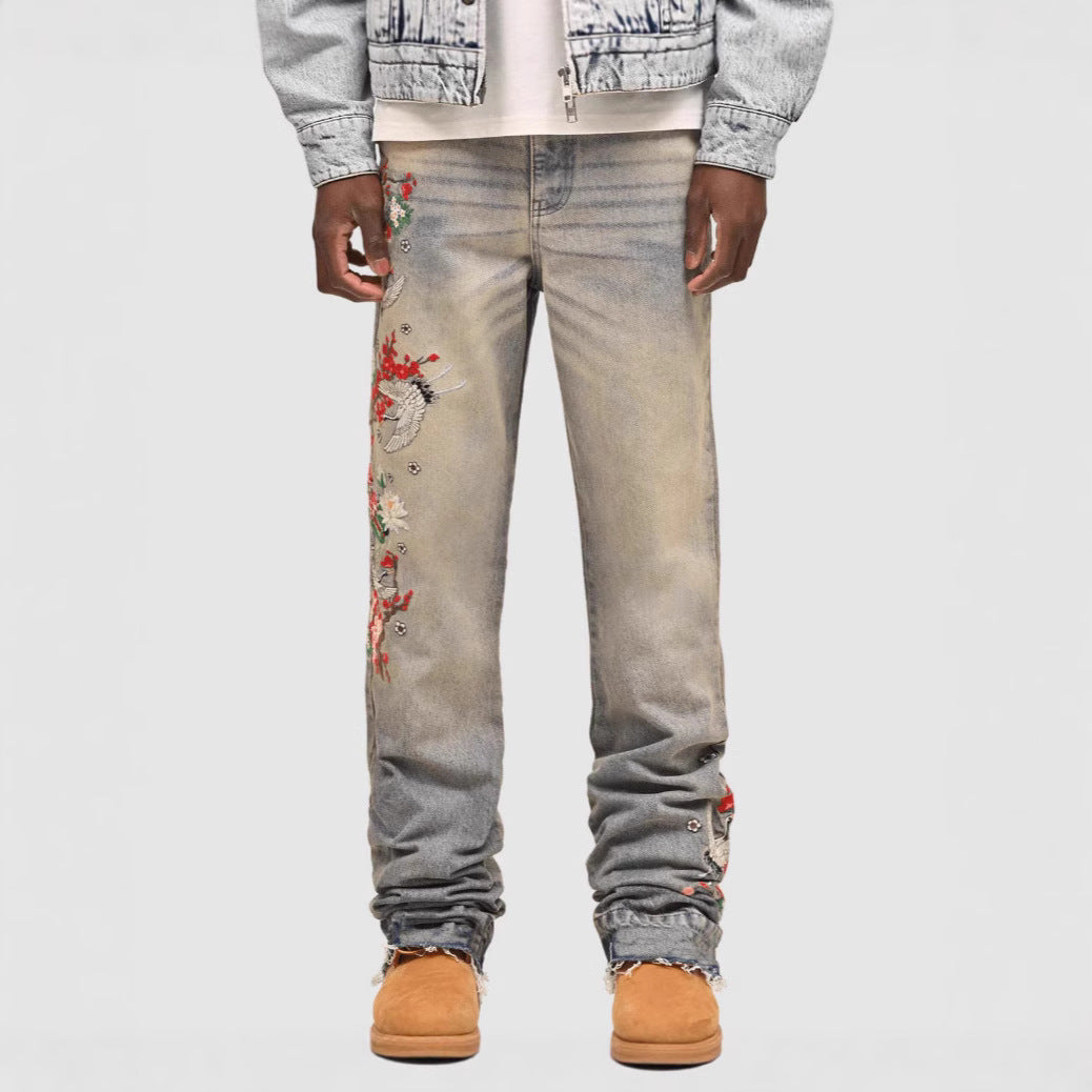 Men's Denim Straight Leg Jeans - Street Fashion Elastic Patchwork