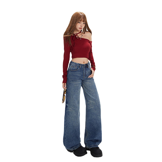 Washed Straight Leg Jeans for Women with Textured Design