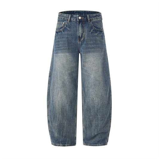 Street Style Men's Denim Pants, Washed Bleached Knife Cut, Loose Fit, Trendy Casual Pants for Men