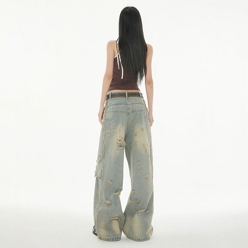 Women's Ripped Distressed Slim Floor-Length Wide-Leg Denim Jeans