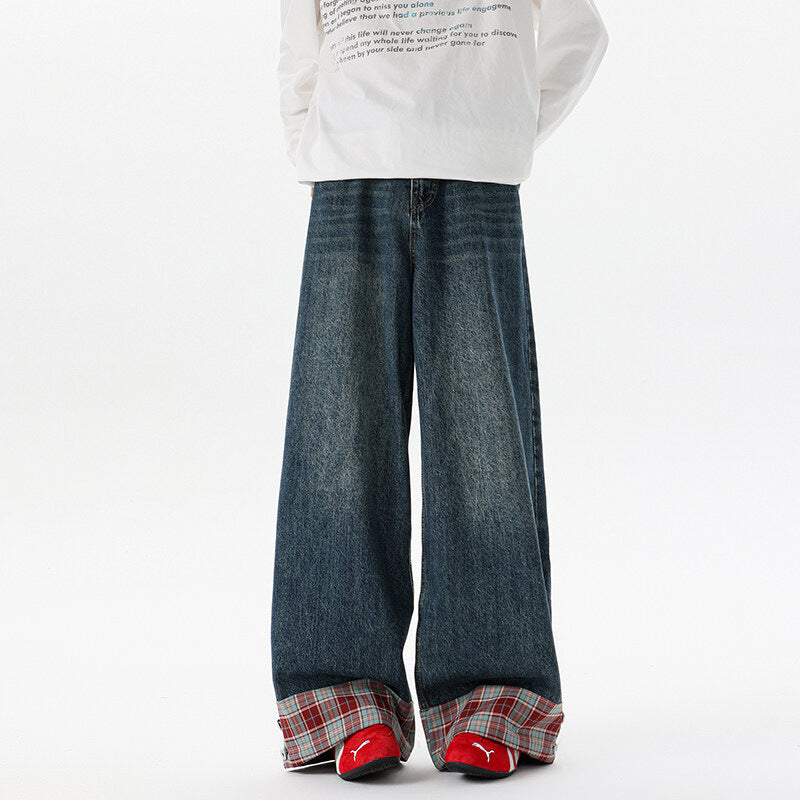 Retro Washed Dark Blue Plaid Cuffed Denim Pants - Luxury Streetwear
