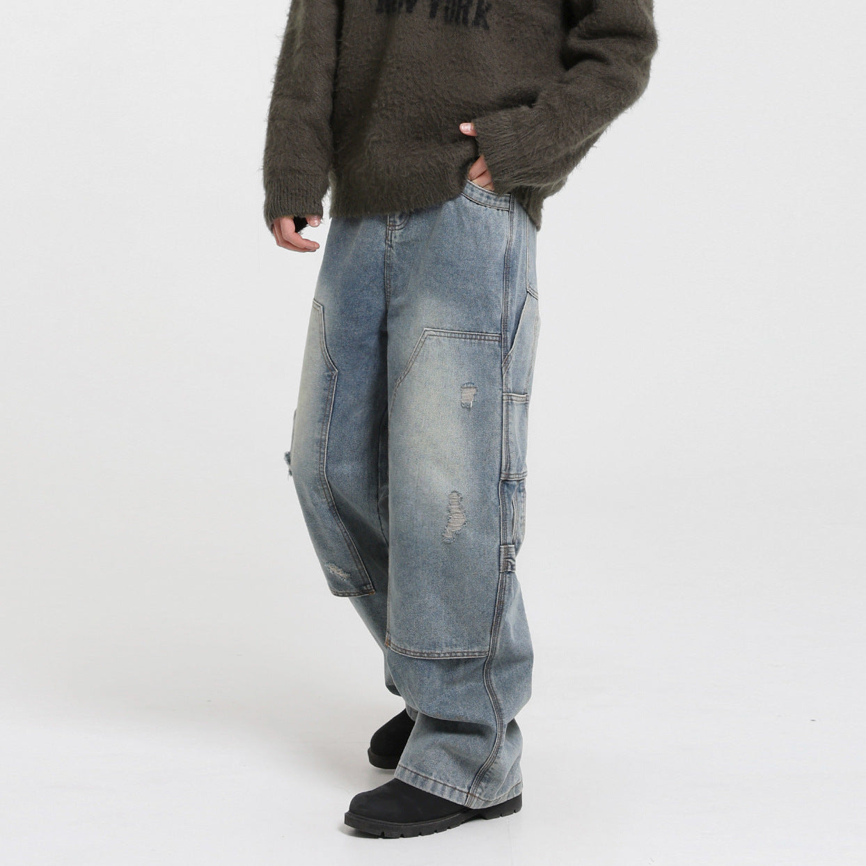 Vintage Washed Ripped Denim Pants for Men - Autumn Winter Loose Wide Leg Straight Cut Casual Wear